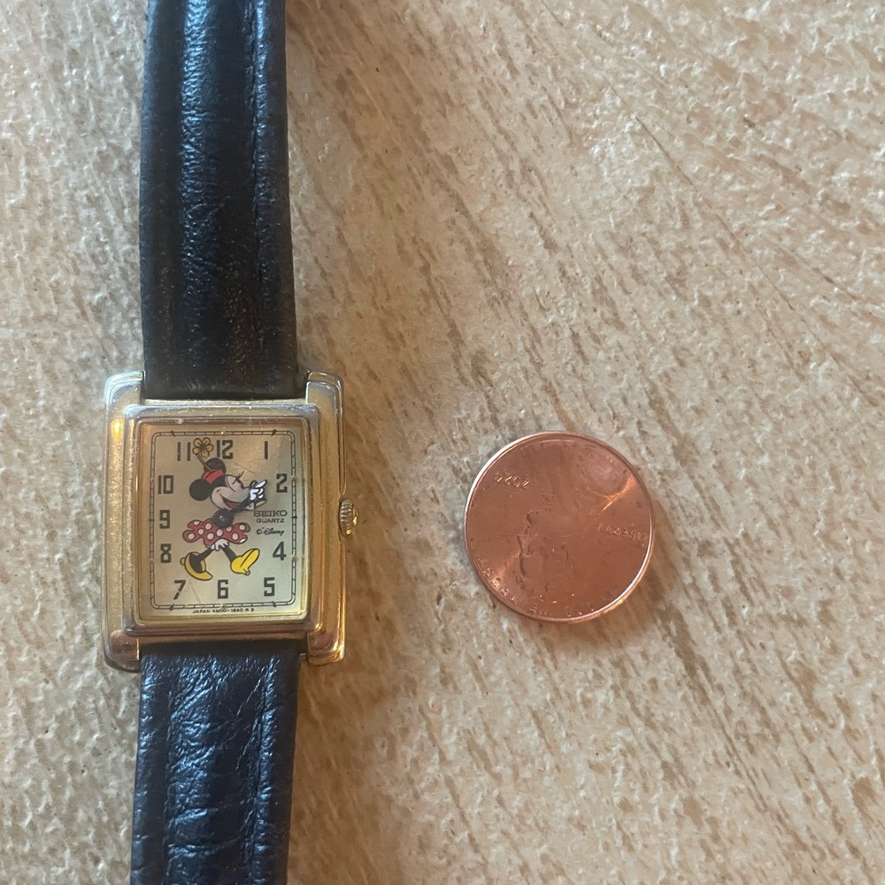 Seiko Minnie Mouse rectangular Seiko brand Gold and Black Leather Watch